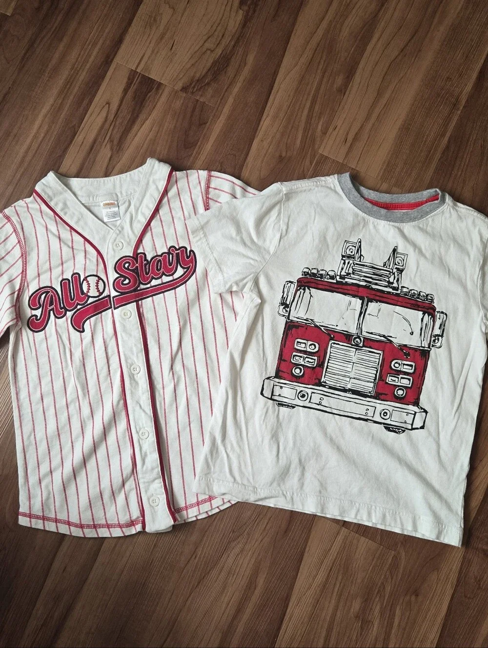 All Star Red-Striped Baseball Jersey Tee & Firetruck tee Gymboree 7-8 VGUC White